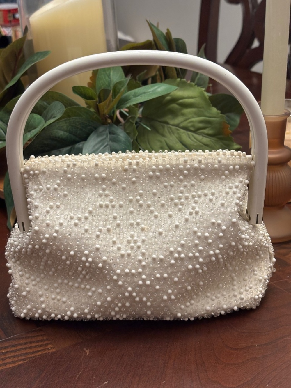 Vintage Slouchy Beaded Purse Beautiful Cream Color Evening Bag With Handles